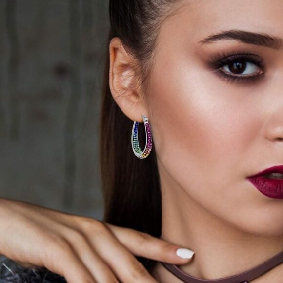 14K White Gold with Multicolored Crystal U Shape French Lock Hoop Drop Earrings - Picture 5 of 5